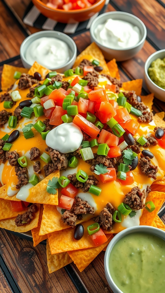 Crispy nachos with cheese, ground beef, black beans, jalapeños, and fresh toppings on a wooden table.
